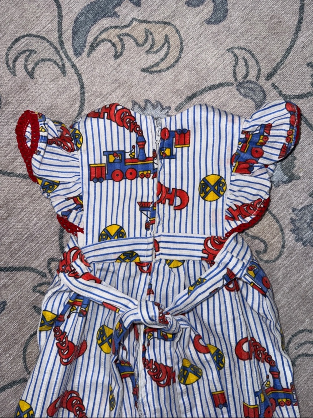 Kids Striped Cotton Romper Red Train Print Handmade Vintage - Picture 7 of 7